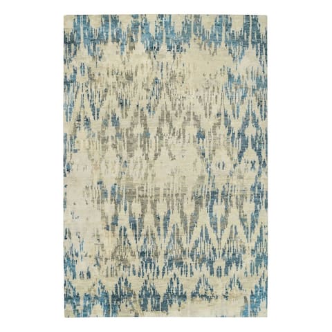 Shahbanu Rugs Denim Blue, Pure Wool Thick and Plush Hand Knotted, Supple Collection Erased Ikat Design Oriental Rug (6'0"x8'10")