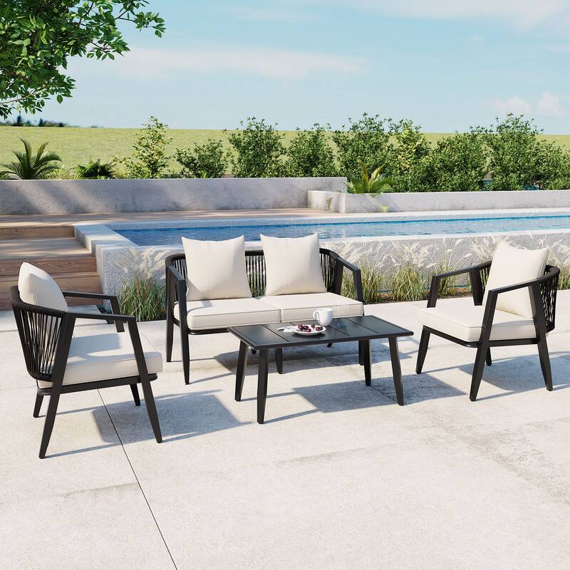 4-Piece Outdoor Iron Sofa Set with Coffee Table & Cushions - Beige