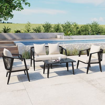 Sturdy Iron Outdoor Seating Set with Cushions and Matching Table for Patios Lawns Poolsides