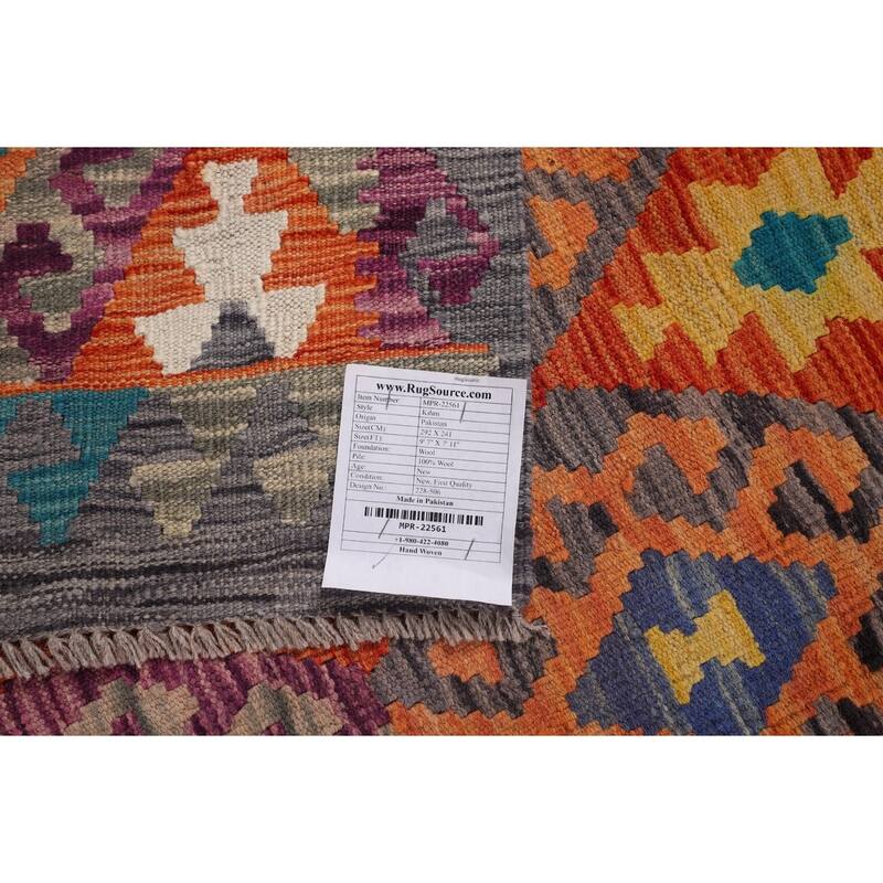 Reversible Orange Kilim Area Rug Flatweave Oriental Wool Carpet - 7'11" x 9'7"