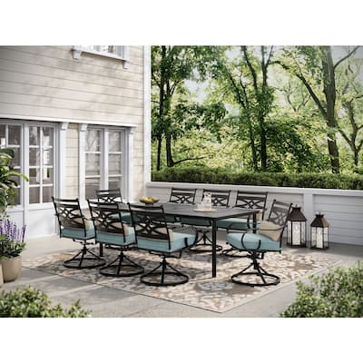 Hanover Montclair 9-Piece Dining Set in Ocean Blue with 8 Swivel Rockers and a 42-In. x 84-In. Table