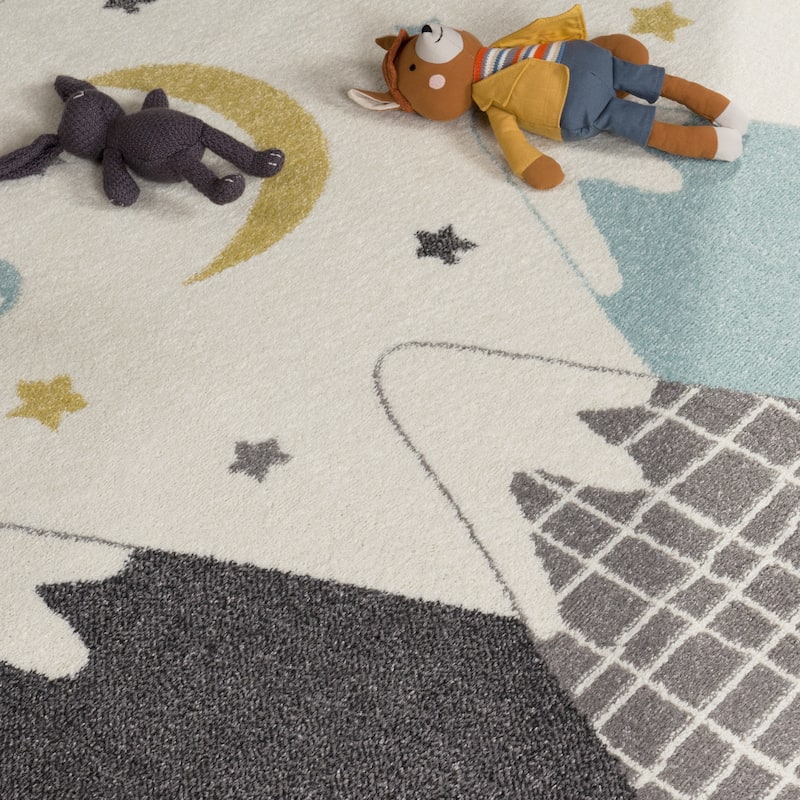 Kids Rug with Pastel Mountains dreamy Stars and Moon for Nursery