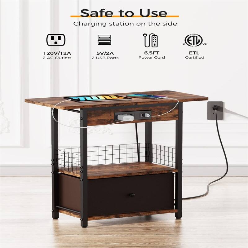End Table with Charging Station - 12.2"D x 25.5"W x 25.5"H