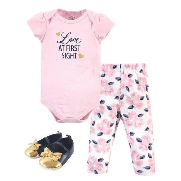 slide 1 of 1, Little Treasure Baby Girl Cotton Bodysuit, Pant and Shoe 3pc Set, Love At First Sight 0-3 Months - Love At First Sight