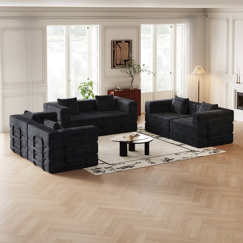 Corduroy Folding Loveseat Couch Set of 3 Convertible Sleeper Sofa Bed with Side Pockets, Modular Floor Mats with Anti-slip Pads - Black