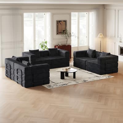 Corduroy Folding Loveseat Couch Set of 3 Convertible Sleeper Sofa Bed with Side Pockets, Modular Floor Mats with Anti-slip Pads
