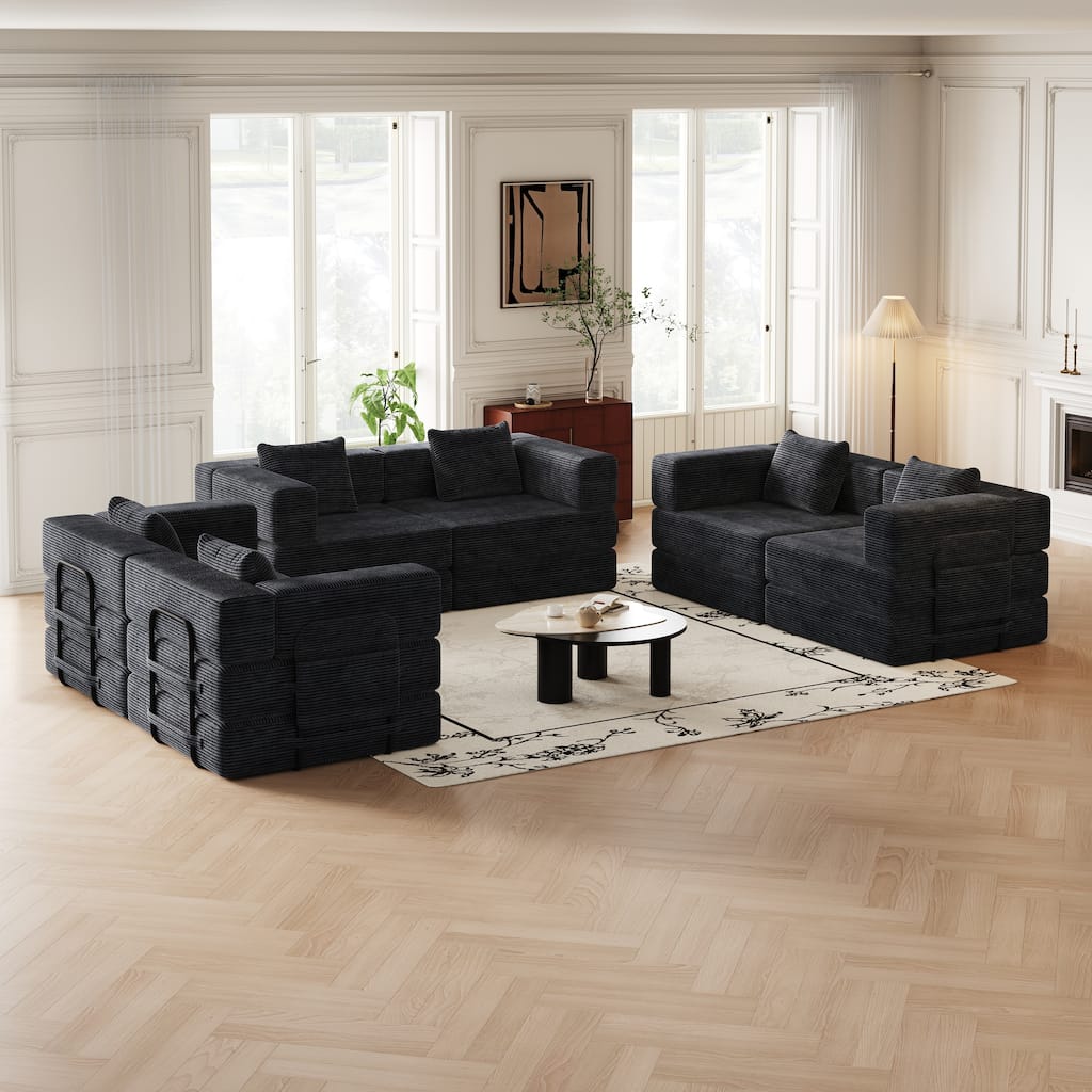 Corduroy Folding Loveseat Couch Set of 3 Convertible Sleeper Sofa Bed with Side Pockets, Modular Floor Mats with Anti-slip Pads