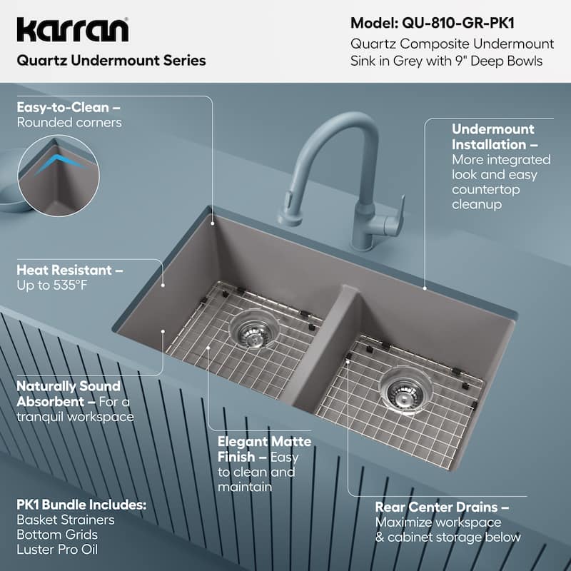 Karran 32" Undermount Double Equal Bowl Quartz Kitchen Sink Kit - 32" x 19.5" x 9"