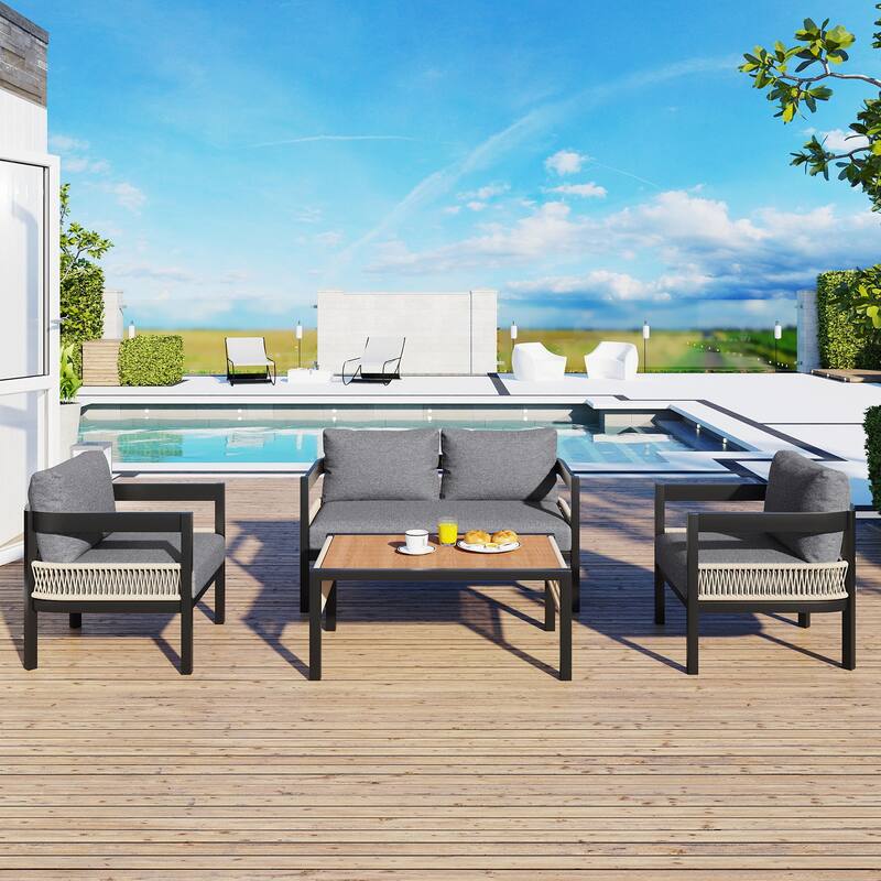 Multi-person Outdoor Iron Sofa Set with A table, Rattan Decoration, Waterproof, Rust-proof, Suitable for Garden
