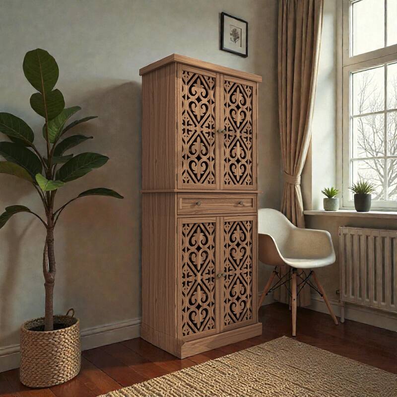 4 Door Storage Cabinet with Drawer, Adjustable Shelves Accent Cabinet with Carved Doors and Anti-Tip Design