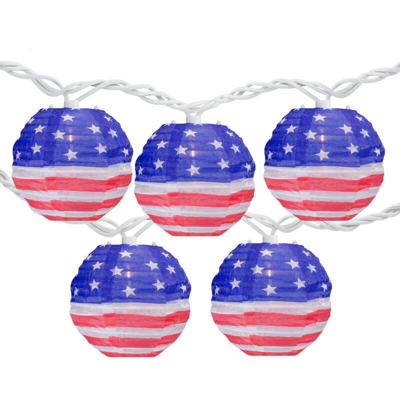 American Flag Paper Lantern Patriotic Patio Lights - 8.5' - White Wire - 10ct - Red