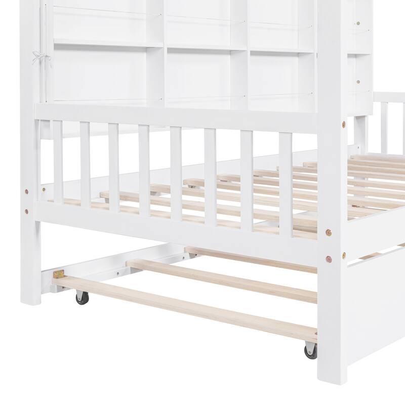 Pine Kids House Platform Bed with Trundle, Shelf, and Roof