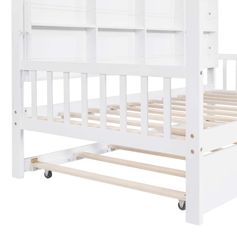 Wooden Twin Size House Bed with Trundle Kids Bed with Shelf - White