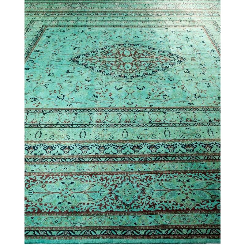 Overton Hand Knotted Wool Vintage Inspired Modern Contemporary Overdyed Green Area Rug - 10' 1" x 14' 2"