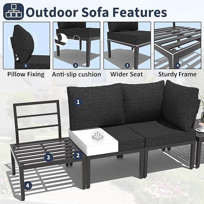 Kullavik 7 Piece Outdoor Furniture Set, Modern Metal Sectional Sofa with Thick Cushions and Coffee Table