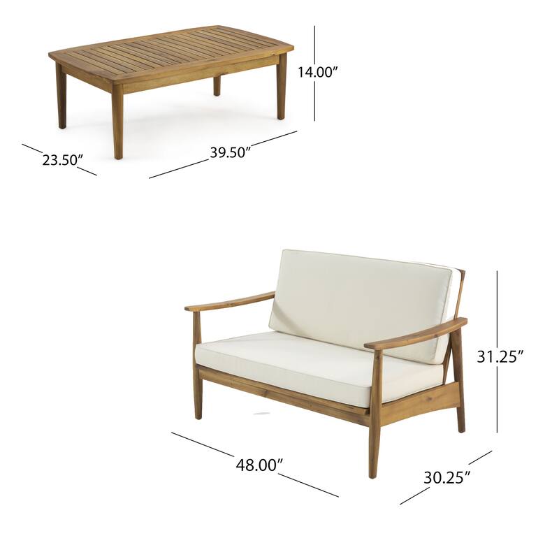 Roxy 2pc Outdoor Loveseat and Coffee Table Set, Acacia Wood, Cream