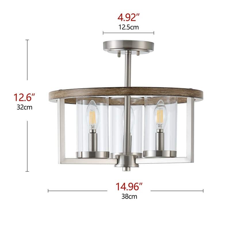 Farmhouse Semi Flush Mount Ceiling Light Rustic 3 Light Brushed Nickel Fixture with Clear Glass Shades