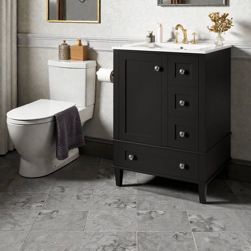 24" Bathroom Vanity with Integrated Ceramic Sink, Soft-Close Drawers and Door, Cabinet with Door Storage Rack