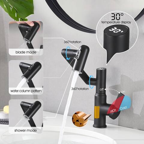 CERYPSA Smart LED Digital Display One Hole Single Handle 3-Modes Sprayer Rotated 360 Degrees Bathroom Sink Faucet-Matte Black