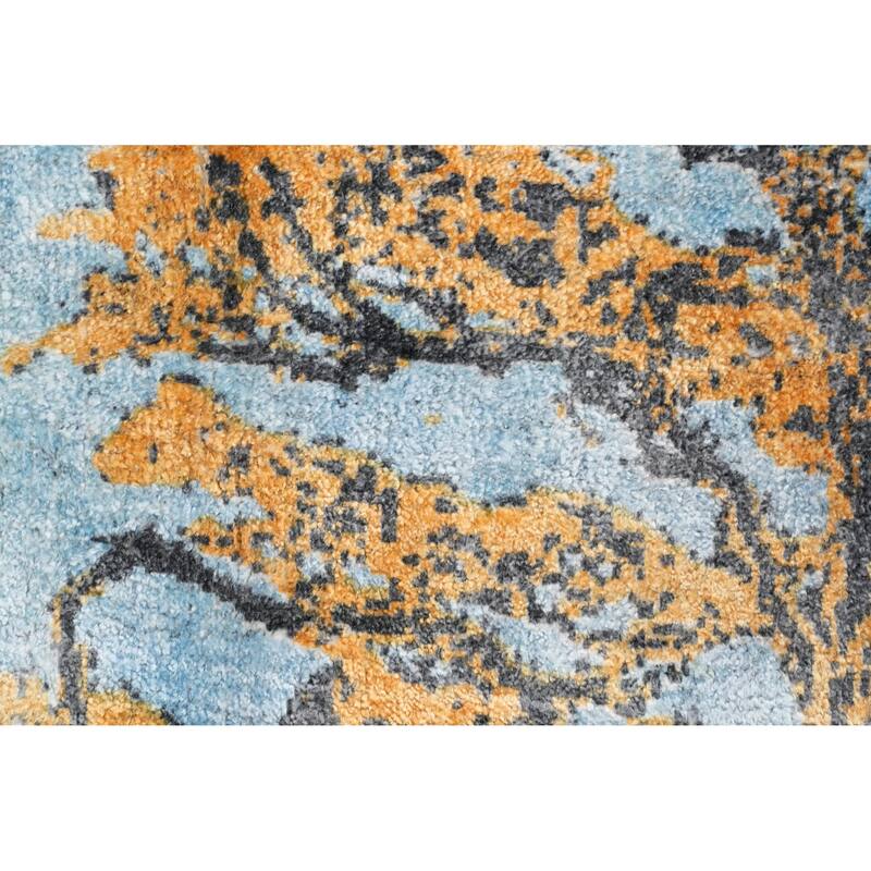 Hand Knotted Oriental Viscose Silk Carpet Modern Pictorial Navy Blue & Blues Abstract Area Rug - 7' 7'' X 5' 8''