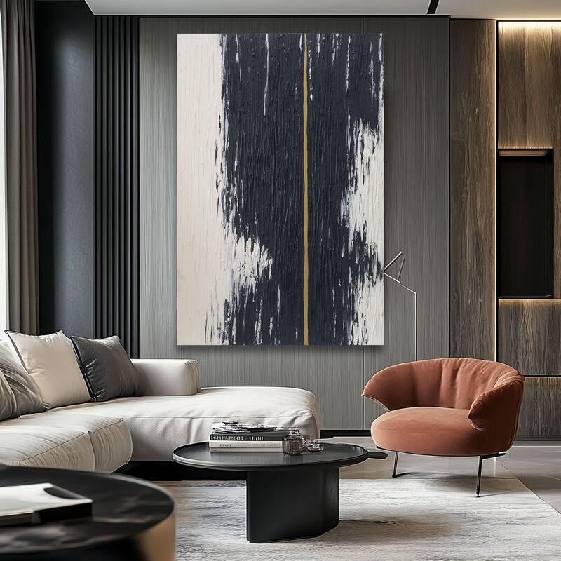 Black, White Gold Handmade Pant Abstract Textured Oil Canvas Wall Art 47" X 31" - Black