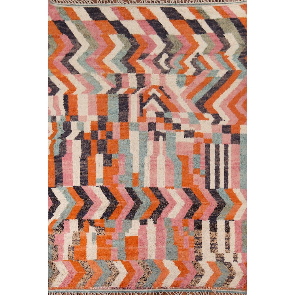 Multicolor Plush Moroccan Area Rug Handmade Geometric Wool Carpet - 7'10" x 10'7"