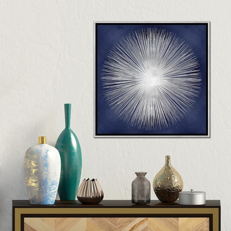iCanvas "Silver Sunburst On Blue I" by Abby Young Framed