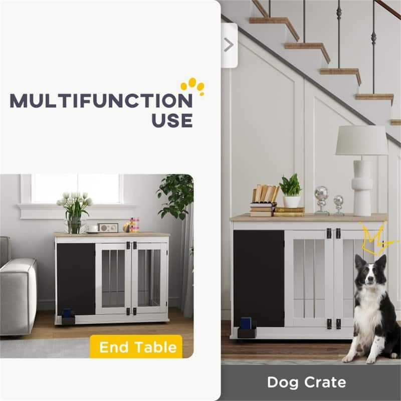 White Dog Crate with Steel Bars, Double Front Doors - 38.6" W x 25.6" D x 30.7" H