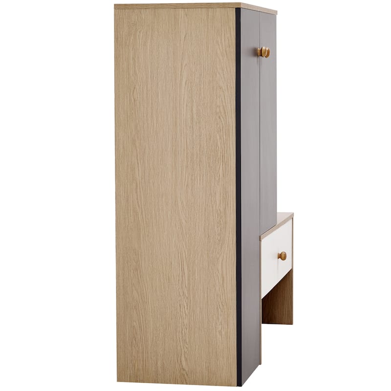 Double Door Wood Shoe Cabinet with Bench, Freestanding Storage Shoe Rack with Adjustable Shelves for Entryways or Hallways