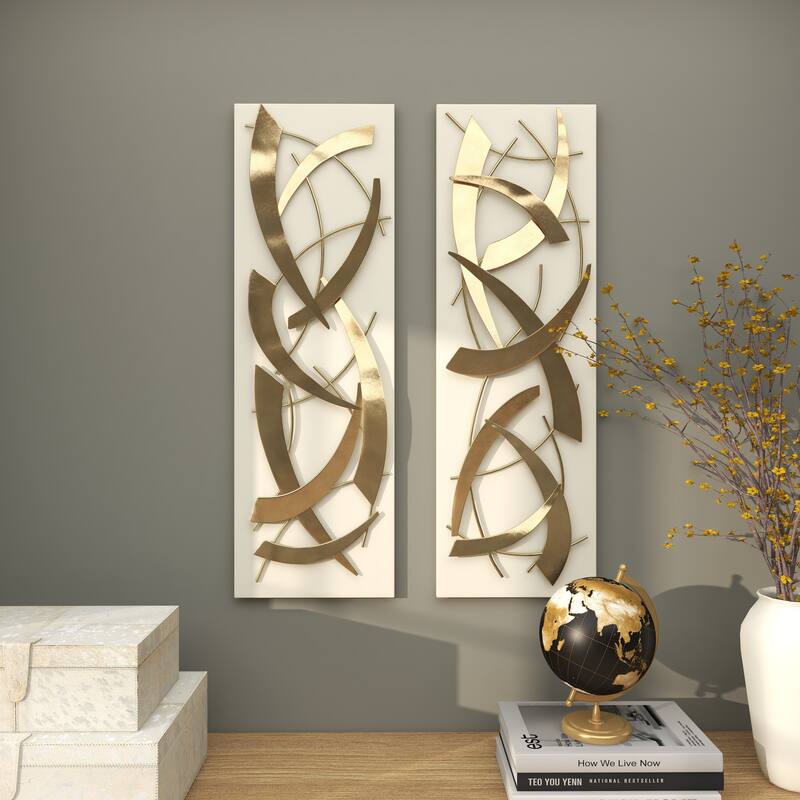 Gold Metal Dimensional Abstract Wall Decor with Black or White Wood Backing (Set of 2)