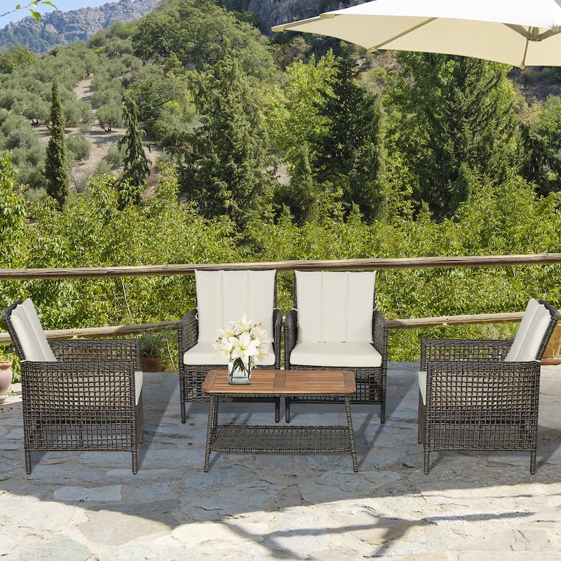 Costway 5PCS Patio Rattan Furniture Set Cushioned Sofa Armrest Wooden