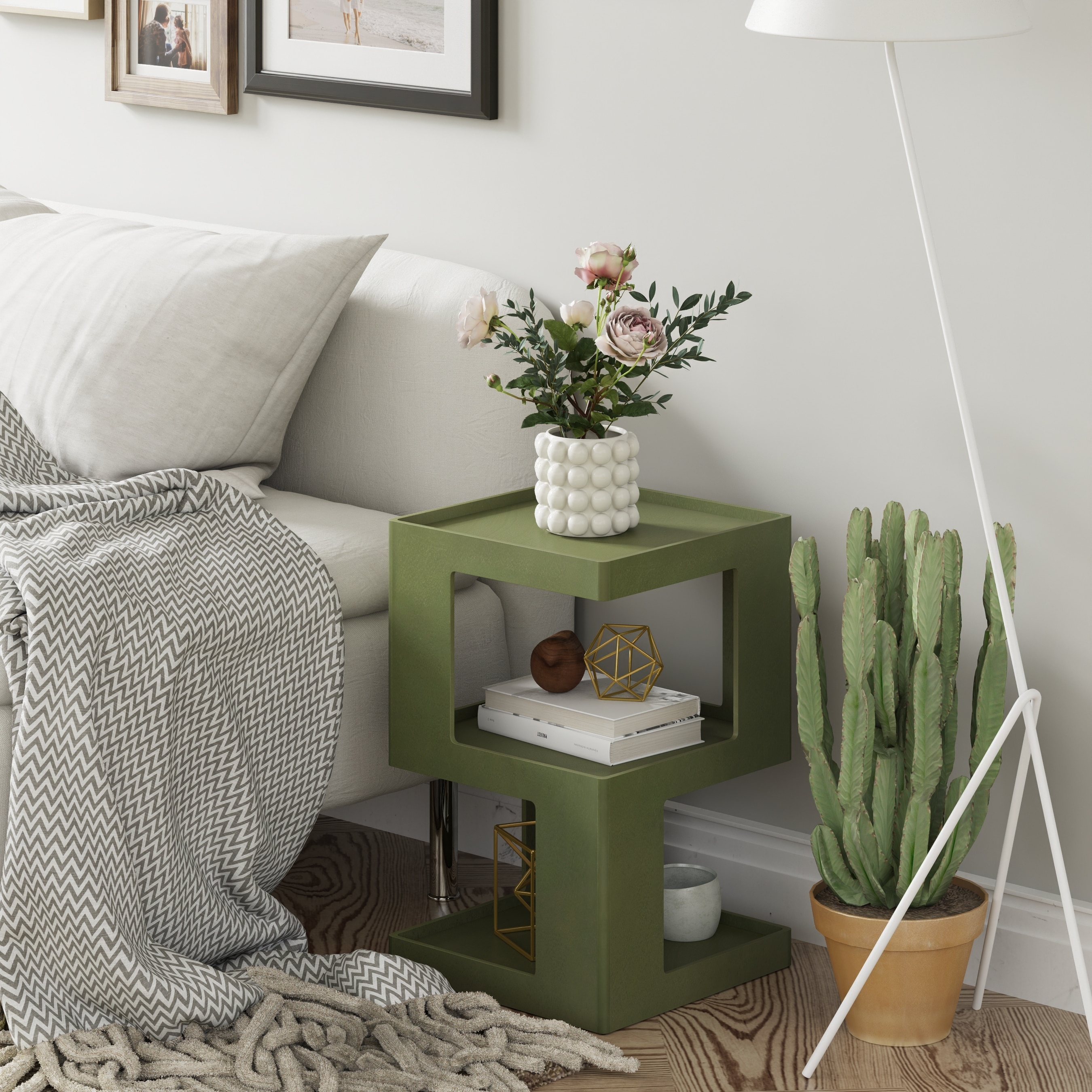 COZAYH Farmhouse Geometric Wood End Table, Distressed Accent Side Table with Two Storage Space, 3-Layer Cube Design