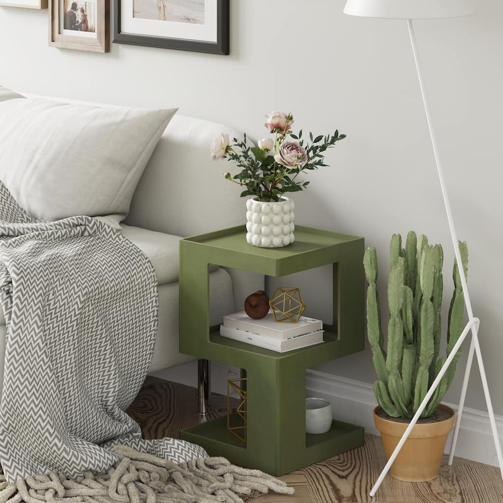 COZAYH Farmhouse Geometric Wood End Table, Distressed Accent Side Table with Two Storage Space, 3-Layer Cube Design