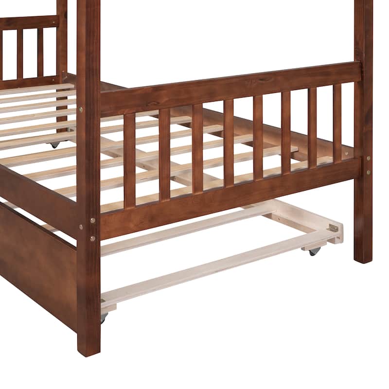 Wooden House Bed with Twin Size Trundle