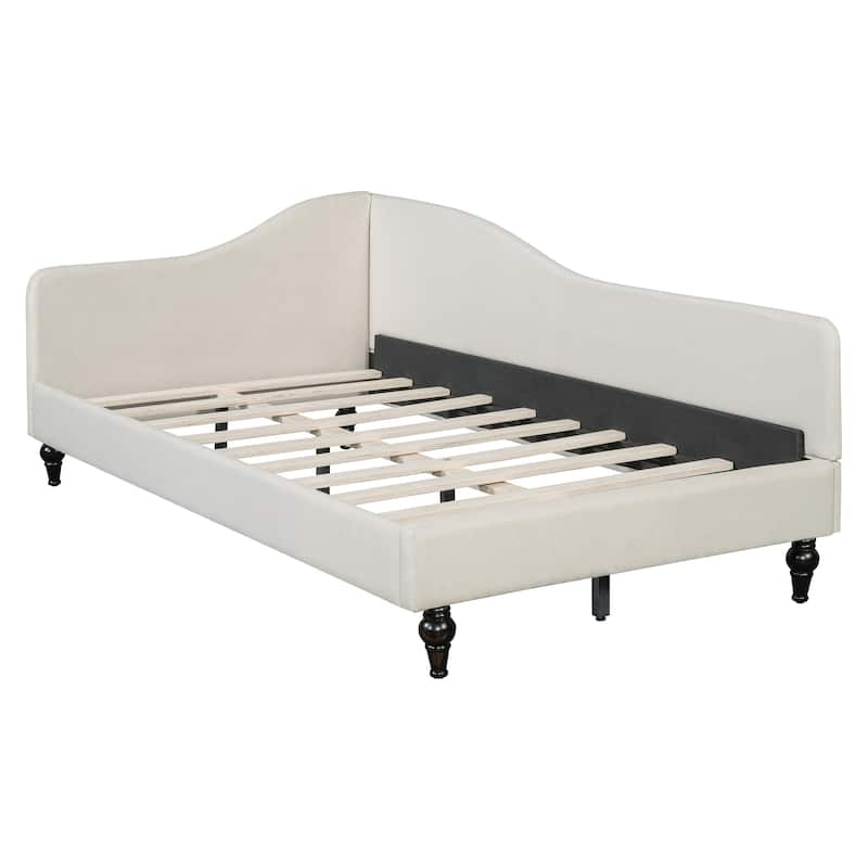 Twin/Full Size Upholstered Daybed, Linen Fabric Sofa Bed with Solid Wood Legs and L Shaped Backrest, Solid Wood Bedframe