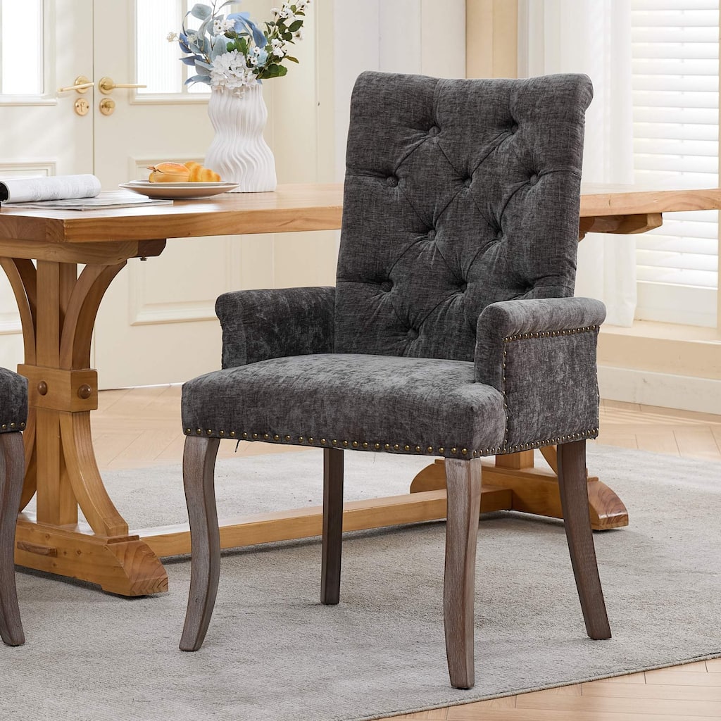 Upholstered Chenille Fabric Accent Dining Chair, Curved Solid Wood Legs, Elegant Tufted Club Dining Room Kitchen Room Arm