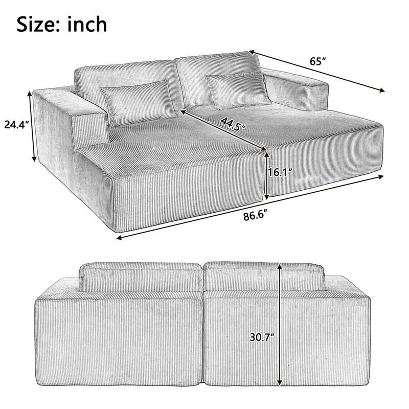 86.6" Corduroy Double Sofa Bed with 2 Pillows and Split Lounger Design