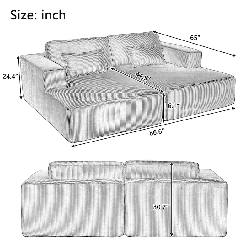 86.6" Oversized Double Chaise Lounge Sofa Chair, Modern Sectional Cloud Couch, Corduroy Upholstered Floor Loveseat Sleeper Bed