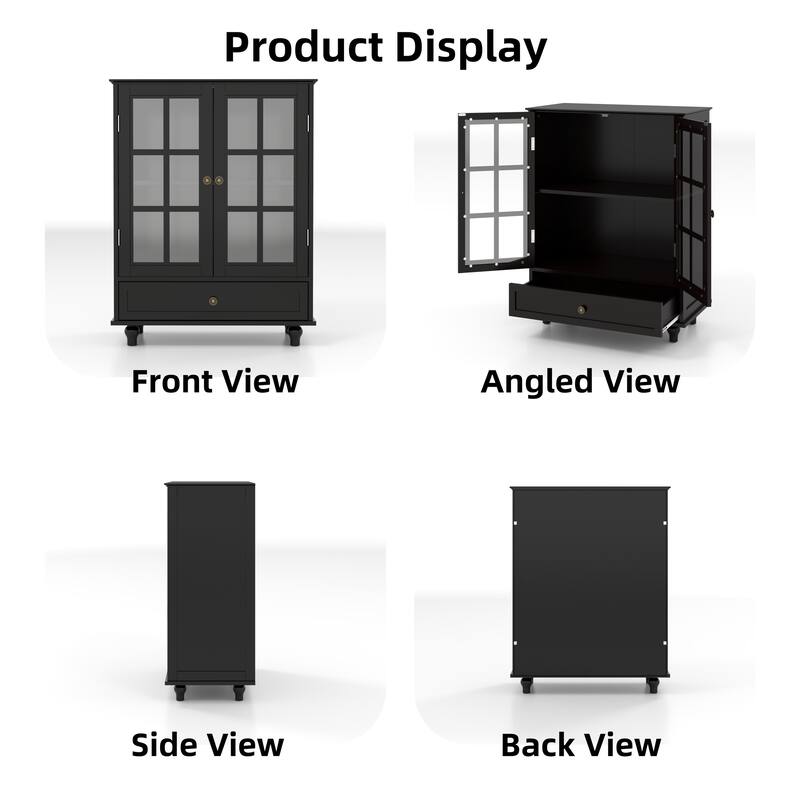 Modern Wooden Buffet Cabinet with Double Glass Doors & Drawer, Storage Sideboard for Dining Room & Entryway
