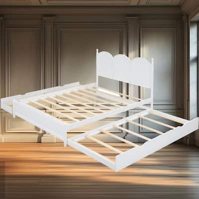 Queen Size Platform Bed with Curved Headboard, 2 Storage Drawers, and Twin XL Trundle - Elegant Design & Durable Wood