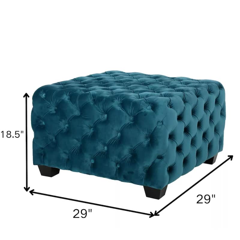 Velvet Ottoman - Teal Button-Tufted Diamond Stitch, 29" Square Modern Glam Footstool with Polyester Upholstery