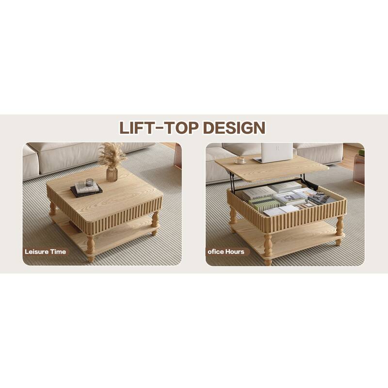 Roomfitters 31.5" Square Lift Top Coffee Table, Fluted Storage Center Table with Hydraulic Mechanism and Solid Wood Legs