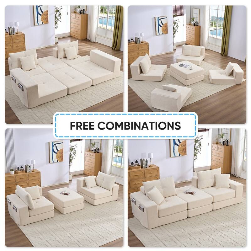 Mixoy 6-PCS Double Deep Seat Modular Sectional Sofa,Free Combinations Modern Chenille Sleeper Sofa Bed,No Assembly Required