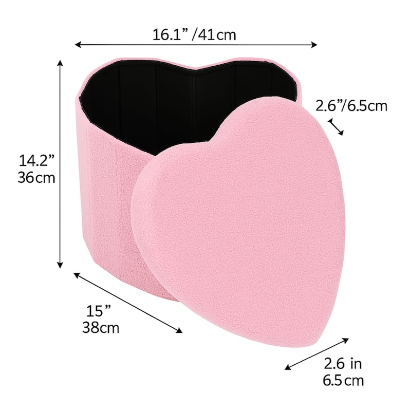 Aria Home Pink Heart Shaped Teddy Fabric Storage Ottoman for Kids Room