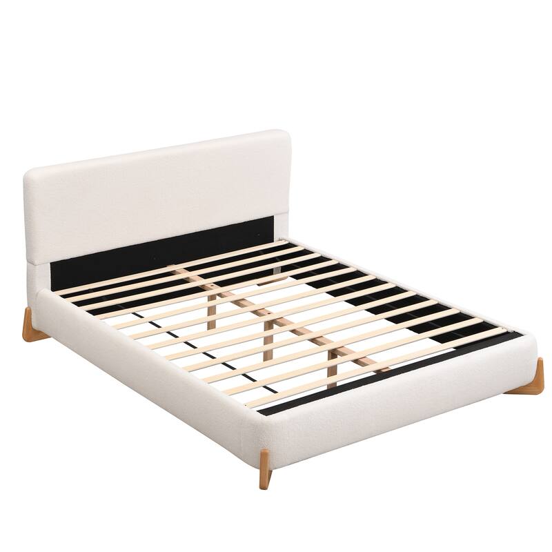 Luxurious Upholstered Platform Bed, Boucle Fabric Bed Frame with Solid Wood Legs and Vertical Headboard, Wood Slats Support