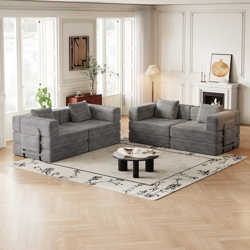 Corduroy Modular Sleeper Sofa Bed with Side Pockets and Anti-slip Pads