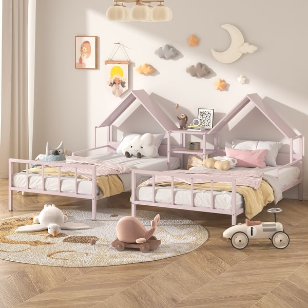 slide 2 of 6, Twin Size Metal Double Platform Bed with House-shaped Headboard and a Built-in Nightstand Pink