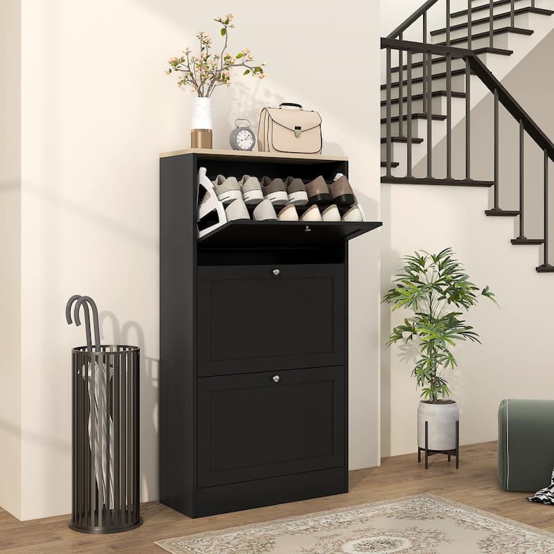 HOMCOM Narrow Shoe Storage Cabinet for Entryway with 3 Flip Drawers and Adjustable Shelves