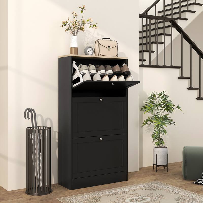 Narrow Shoe Storage Cabinet for Entryway with 3 Flip Drawers and Adjustable Shelves, Shoe Rack Organizer for 18 Pairs of Shoes