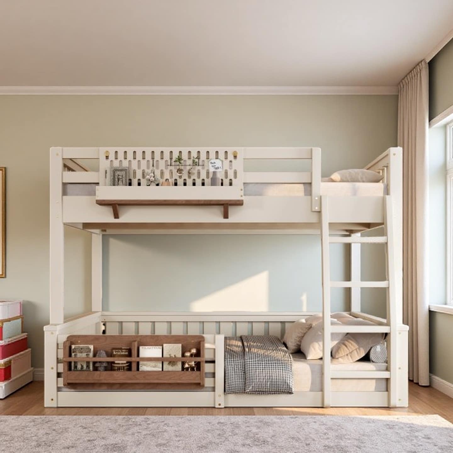 Twin XL over Queen Bunk Bed with Pegboard, Built-in Bookshelf, Ladder, and Guardrails, Space-Saving Solid Wood Kids Bed